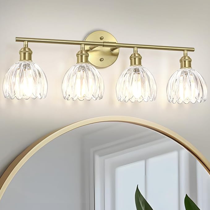 Vintage Bathroom Light Fixtures,4-Light Hardwired Vanity Lights with Clear Tulip Glass Shade,Gold Bathroom Vanity Light for Mirror Restroom,E26 Socket,25.2 in(Bulbs Not Included)