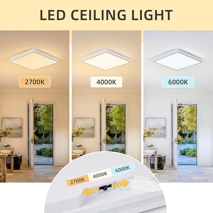 6PK 12 Inch LED Flush Mount Ceiling Light with Side Light, 40W, 2520LM, 3000K/4000K/6000K CCT Selectable, White Square LED Ceiling Light for Hallway, Kitchen, Bedroom, Laundry Room