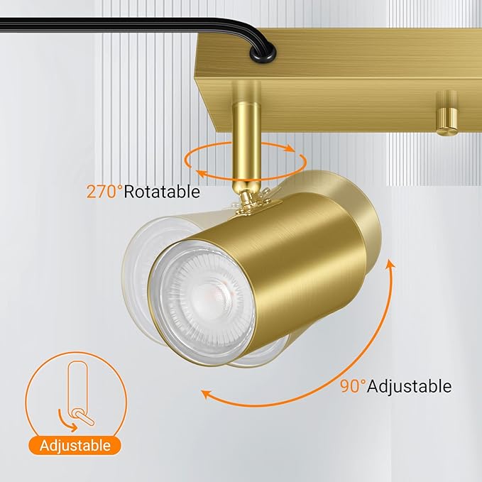 AUQUEE 3 Light Track Lighting Kit,Gold 3 Way Modern Plug in Ceiling Spotlight,Industrial LED Wall Light for Kitchen Cabinet Gallery Bar Hallway Living Room,Rocker Switch,15 Foot Cord(No Bulb)
