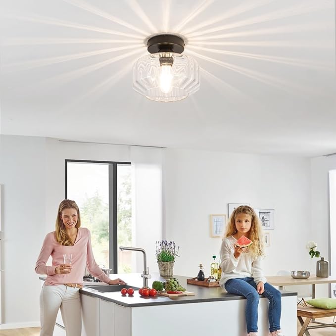 Tbaoinal Semi Flush Mount Ceiling Light with Diamond Glass Shade, 36-Faceted Panels Create Starburst Effect, 1200LM LED Bulb Included Matte Black Ideal for Hallway Entryway Kitchen Bathroom Bedroom