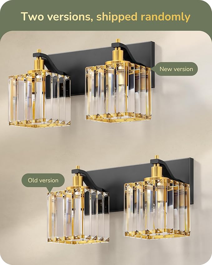 EDISHINE Bathroom Light Fixtures, Crystal Bathroom Vanity Lighting Fixtures Over Mirror, 2 Light Vanity Lights for Bath, Powder Room, E26 Base, Black Gold