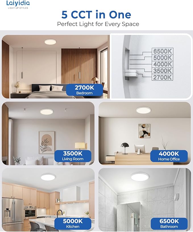 12 Inch LED Flush Mount Ceiling Light White, 5CCT 2700K-6500K, 2640LM 240W Equivalent, Slim Flat LED Light Fixture for Bedroom Laundry Hallway Closet