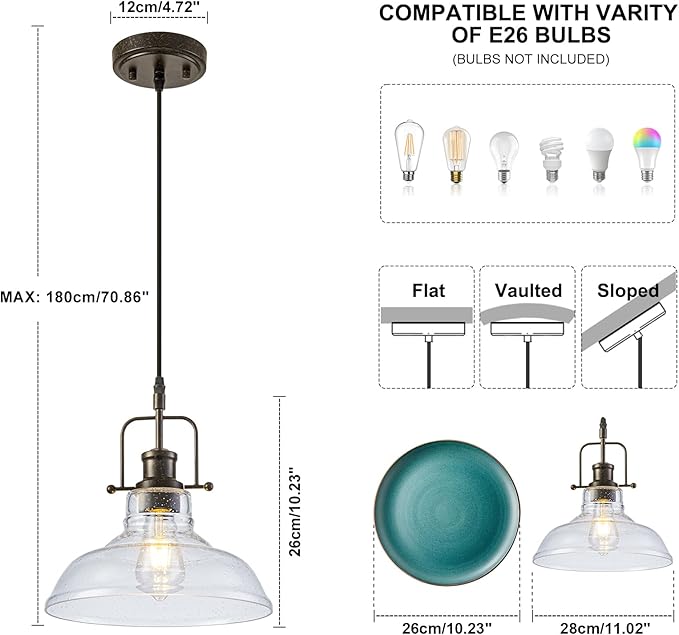 WILON Seeded Glass Pendant Lights,11 Inch Rust-Coloured Pendant Lights Kitchen Island with E26 Base Vintage Hanging Ceiling Lamp for Kitchen Sink Hallway Dining Room Entry Hall