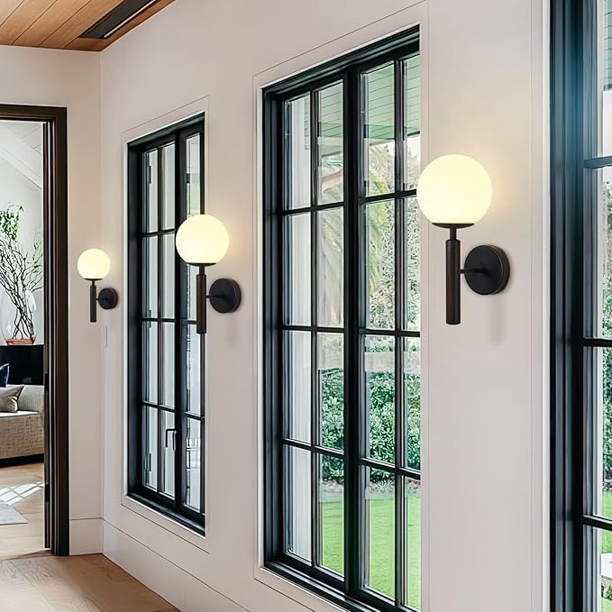KCO Lighting Black Wall Sconces Set of 2 Modern Globe Wall Sconce Milk Glass Wall Light Farmhouse Mid Century Wall Sconce Bathroom Wall Light Fixture Over Mirror