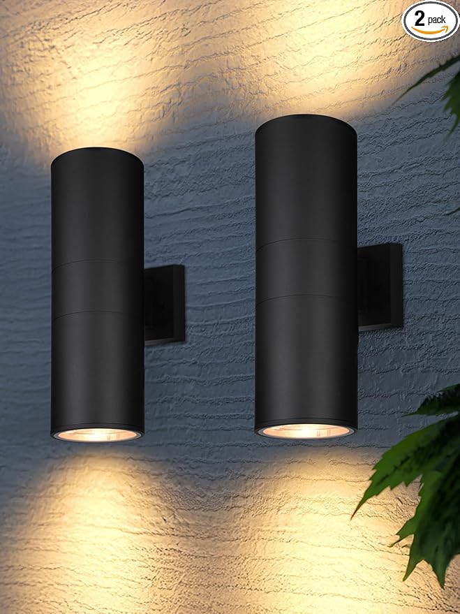 LEONLITE Modern Outdoor Cylinder Wall Lights 18", Up and Down Porch Patio Lights, Matte Black Waterproof Wall Sconce, Aluminum, E26 Base, Exterior Light Fixture Wall Mount, ETL, Pack of 2