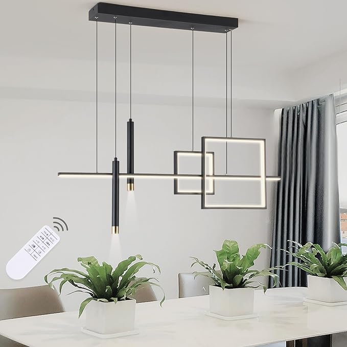 ORANOOR Modern LED Chandelier Lighting, Dimmable Linear Black Pendant Light with Squares, 39in Dining Room Hanging Light Fixture, Kitchen Island Pendant Light for Dining Table Bar (3000lm/50W)