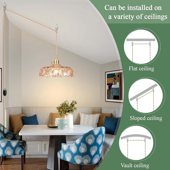Plug in Pendant Light Fixtures,Amber Glass Lampshade Pendant Lighting 9.4in E26 Hanging Light FixtureCorded On/Off Switch for Kitchen Island, Bedroom, Dining Room