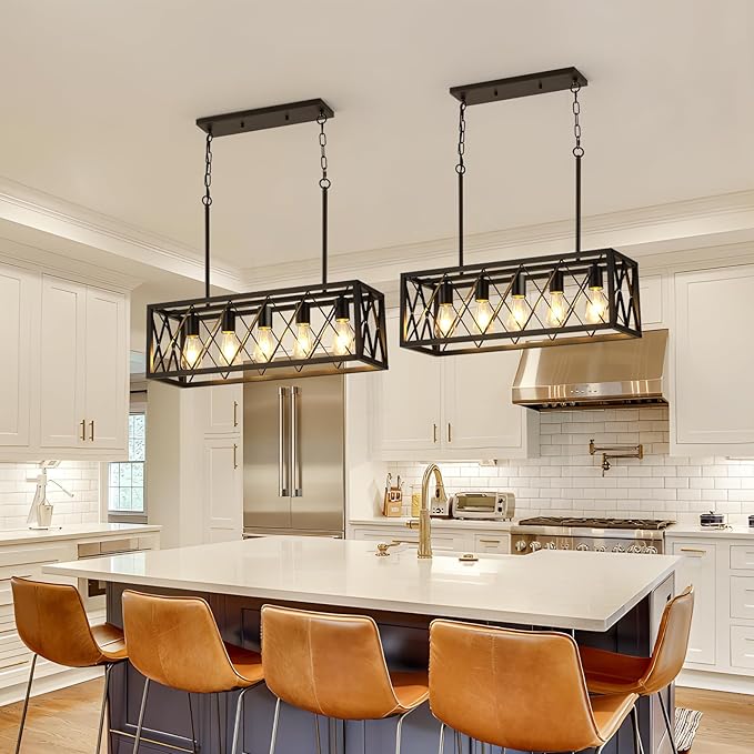 KEESFU Black Farmhouse Kitchen Island Lighting, 5 Lights Pendant Lighting Fixtures, Adjustable Height, Industrial Dining Room Light for Living Room Foyer Dining Table Over Sink.