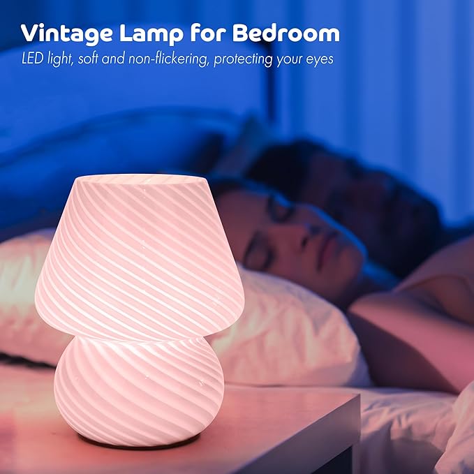 ULAROOM Battery Operated Mushroom Lamp - Vintage Small Table Lamp With Timer, Cordless Bedside Nightstand, Glass Battery Powered for Bedroom Kitchen Living Room Shelf Decor Aesthetic Pink