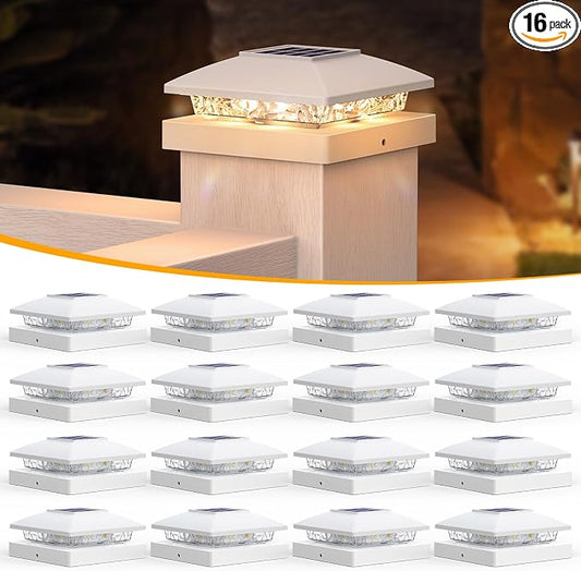 APONUO Solar Post Cap Lights for 4x4 5x5 Posts - IP64 Waterproof, 3000K LED, No-Wire Fence Lights & Deck Lights for Patio Garden Yard Patio, White-Warm White, 16 Pack