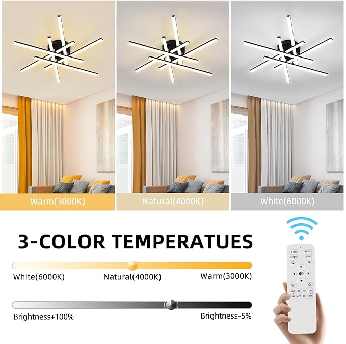CANEOE Sputnik Modern Led Ceiling Light,50W LED Dimmable with Remote Control Ceiling Light Fixture Black Flush Mount Chandelier Ceiling Lighting for Bedroom Living Room Kitchen Office Ceiling Lamp