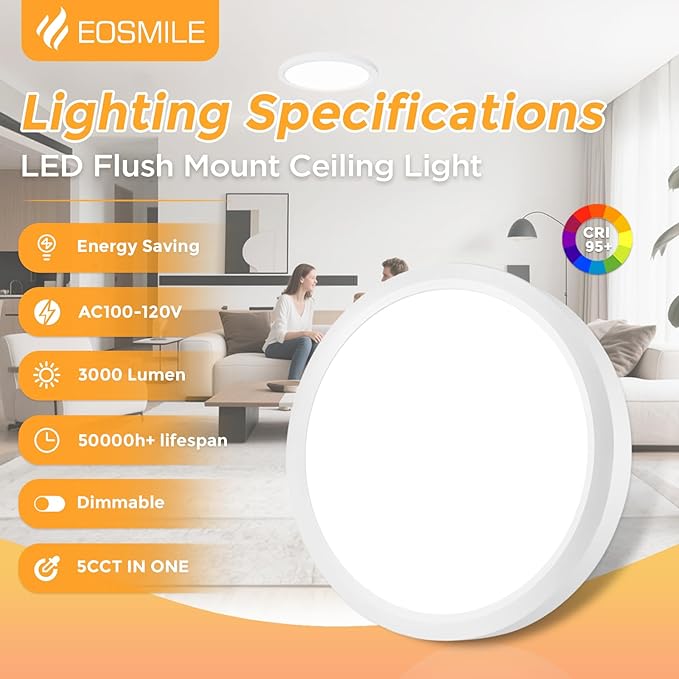 2Pack 12 Inch LED Flush Mount Ceiling Light, 25W, 3000LM, CRI 95+, 2700K-5000K 5CCT & Dimmable, White Round Surface Flat Panel Light for Hallway, Kitchen, Bedroom, Laundry Room