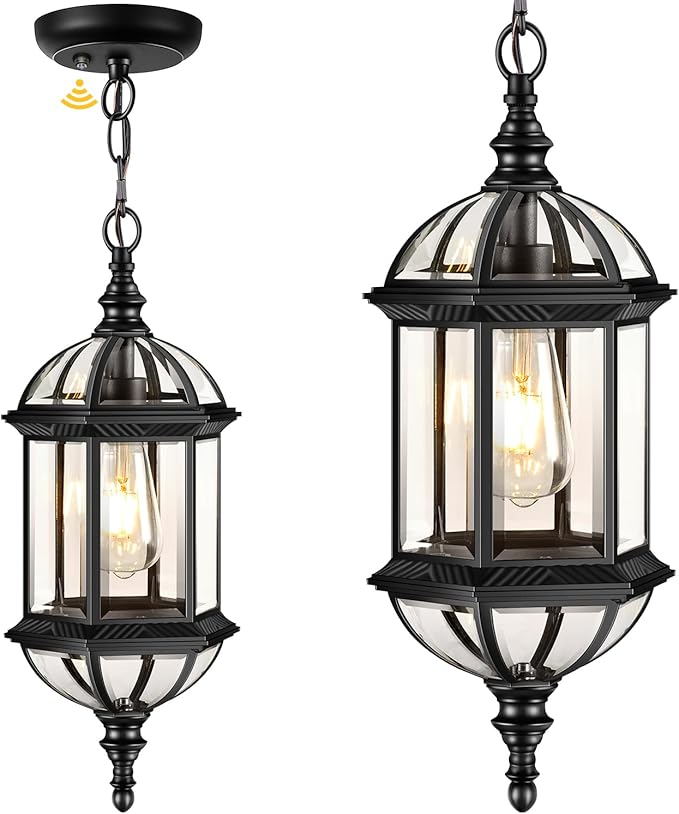 VIANIS 20" Large Dusk to Dawn Outdoor Hanging Lights, Black Outside Pendant Light, Waterproof Exterior Ceiling Lights for Patio, Porch, Entryway, Anti-Rust Adjustable Length Chandelier, Hardwired