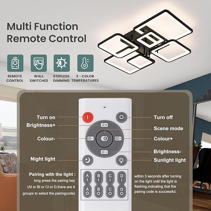 31.5''Dimmable Modern LED Ceiling Light Black 6Rings Square Ceiling Lamp 3000K-6500K Flush Mount Ceiling Lightwith Remote for Dining Room, Kitchen, Living Room