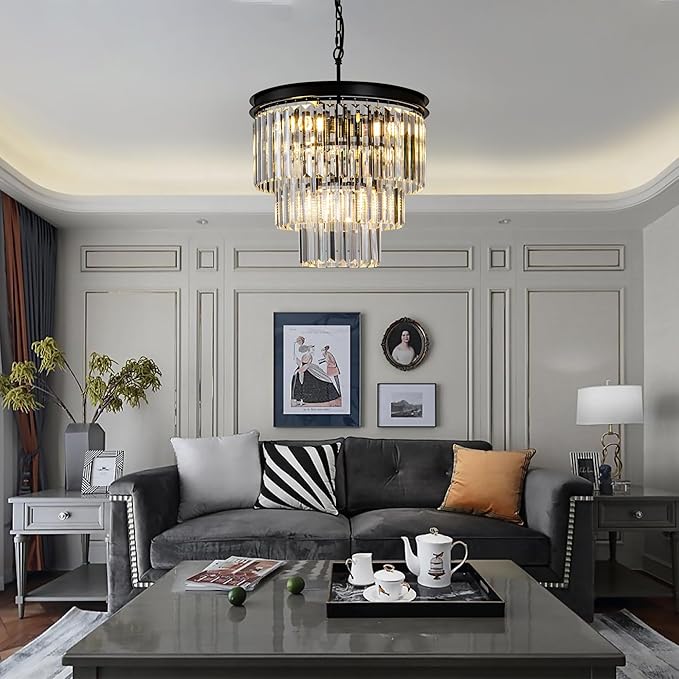 Crystal Chandelier 15.8" Modern K9 Crystal Hanging Pendant Lights 6-Lights Black 3-Tier Luxury Crystal Dining Room Light Fixture for Living Room Bedroom Kitchen Island Entryway Foyer Stair