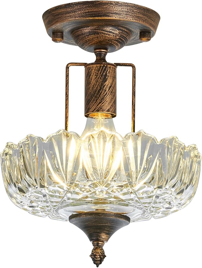 UOFUS Glass Ceiling Light Fixture Vintage Small Semi Flush Mount Chandelier Oil Rubbed Bronze Mini E26 Ceiling Lamp for Hallway Bedroom Bathroom Closet