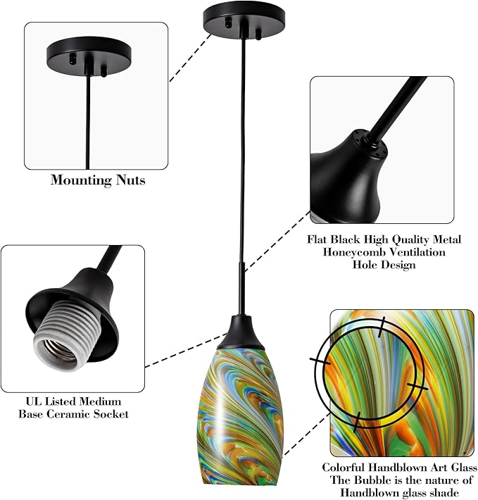 Viinew Mini Glass Pendant Light 4.72" Oval Pendant Lights 3-Pack Handblown Colorful Art Glass Hanging Pendant Light for Kitchen Island Dining Room Living Foyer Hallway Entry Matte Black Metal
