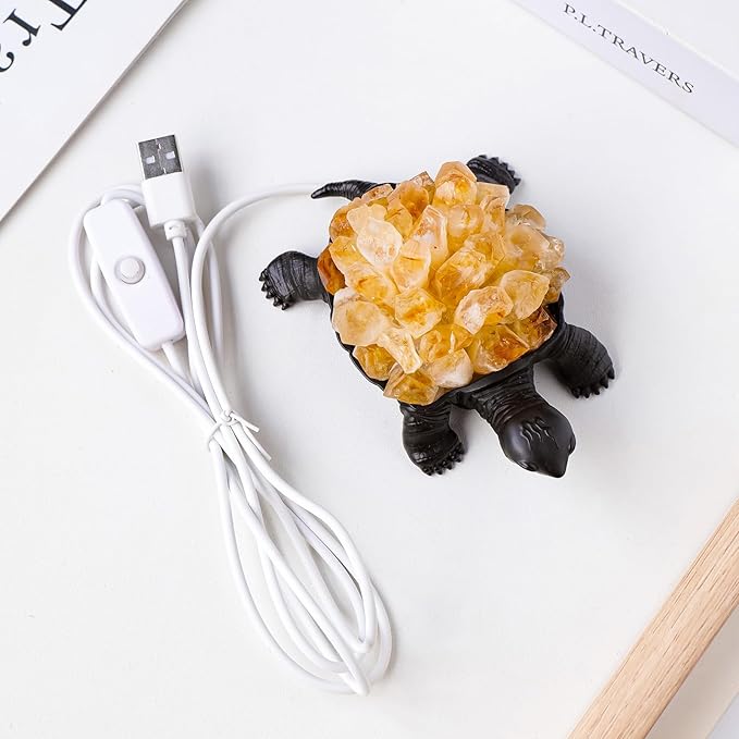 Runyangshi Natural Amethyst Tooth Turtle Night Lamp Healing Crystal Bedroom Bedside Table Lamp USB Port Home Decor Women Men Gift