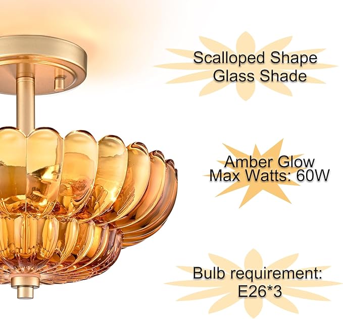 Semi Flush Mount Ceiling Light Fixture, Amber Glass 3-Light Modern Vintage Ceiling Lights, Scalloped Close to Ceiling Light, Gold Base Flush Mount Ceiling Light for Hallway Bedroom Entryway Kitchen