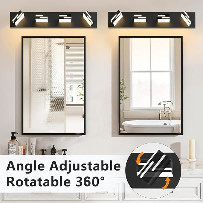 LED Modern Bathroom Vanity Light Fixtures 4-Light 28-inch 5CCT Dimmable Matte Black Vanity Lights for Bathroom Lighting Fixtures Over Mirror, with 360° Rotatable Acrylic Heads