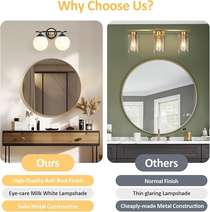 Rayogale Bathroom Light Fixtures, 2-Light Black & Gold Vanity Lights Over Mirror with White Glass Shade, 15 Inch Bathroom Wall Sconces for Bedroom Living Room (Bulbs Not Included)