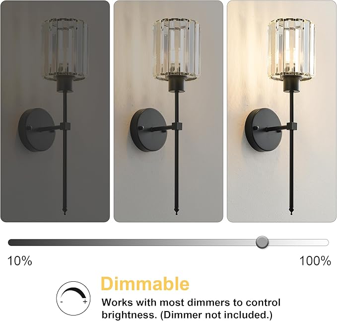 KARTOOSH Hardwired Crystal Wall Sconces Set of Two - Dimmable Wall Light Fixtures 3000K, Warm White, for Hallway, Bathroom, Living Room, Bedroom, Black, 20.1 Inch