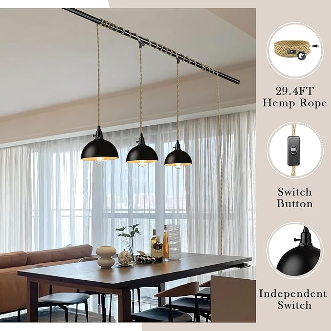 zeyu Triple Pendant Light with Plug in Cord - Industrial 3-Light Hanging Lamps with 29FT Twisted Hemp Rope Switch, Metal Dome Shade in Black Finish, ZYC49-3 BK