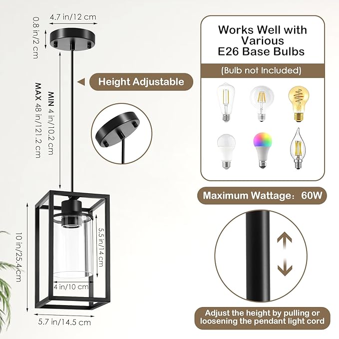 Pendant Lights Kitchen Island, 1 Pack Black Pendant Light, Adjustable Corded Pendant Light Fixtures with Glass Shade, Metal Frame Hanging Light Fixture, Kitchen Island Lighting for Entryway Bedroom