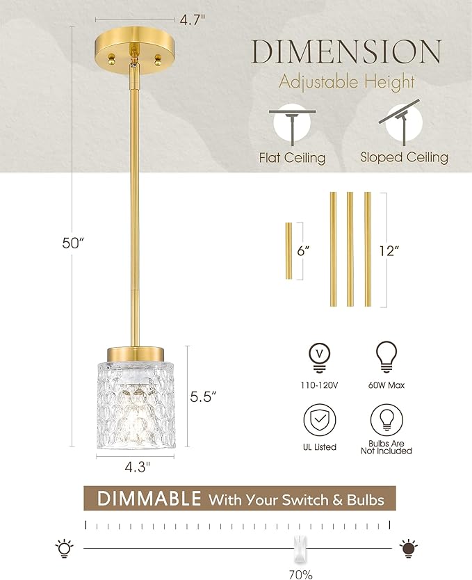 FEMILA 4" Gold Chandelier, 3-Pack Brushed Gold Pendant Light for Kitchen Island, Bedroom, Dining Room Light Fixture, Hammered Glass, 4FY86MIL-3PK BG