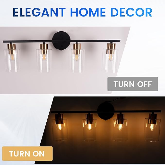 Bathroom Vanity Light, 4-Light Modern Black and Gold Wall Sconce Lighting with Clear Glass Shade, Wall Lights Fixtures Over Mirror, Bath Vintage Wall Mounted Lamps for Bedroom,Living Room