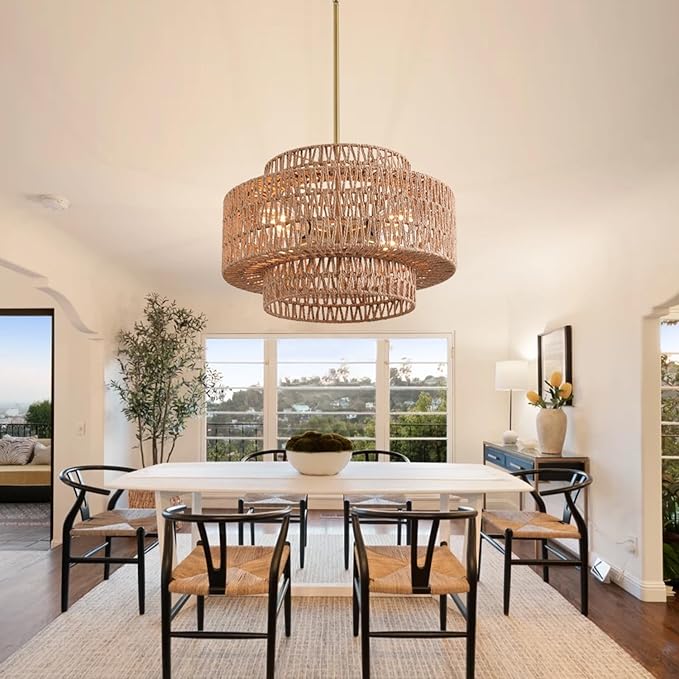 4-Light Boho Rattan Chandelier Light Fixture 17.7" 3-Tier Farmhouse Boho Chandelier Hand Woven Rattan Pendant Light Rustic