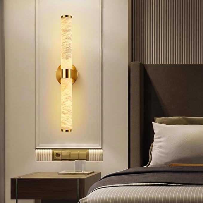 Alabaster Wall Sconces, 24" Brass Wall Sconce, Cylinder Natural Spanish Marble Sconces Wall Lighting, Modern Gold Dimmable Wall Lights for Living Room Bedroom Bathroom Stairs Hallway Entryway