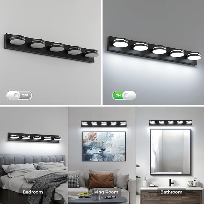 Vanity Lights for Bathroom, 32.28in Matte Black Bathroom Light Fixtures Over Mirror, 5-Light Modern LED Wall Sconce Makeup Lighting, 350° Rotatable, Dimmable 5500K Cool White, Hardwired
