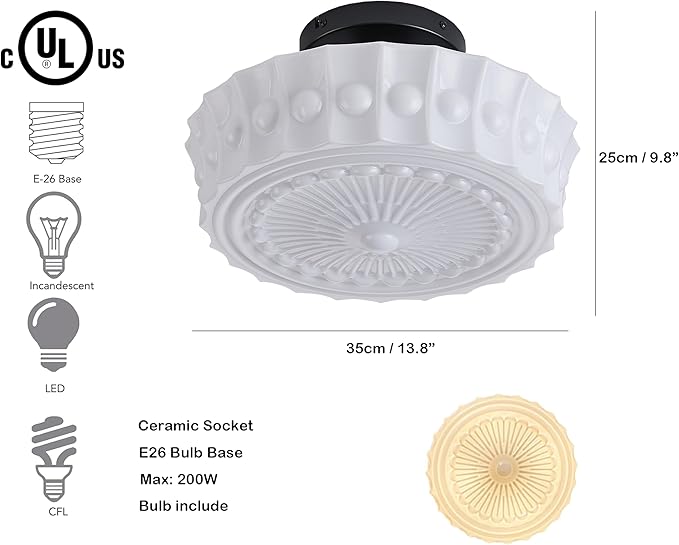 FCTWAKS Schoolhouse Ceiling Light Fixture, 13.8" Milk Glass Semi Flush Mount Mid Century Vintage Ceiling Light for Bedroom Hallway Kitchen, E26 Base Bulb Included, White