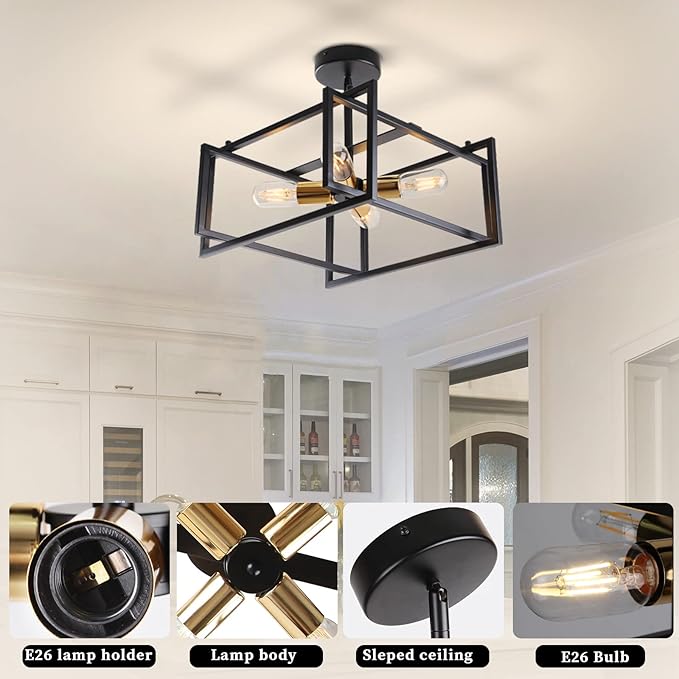 HuisMier Industrial Semi Flush Mount Ceiling Light, 4-Light Farmhouse Ceiling Lights Fixture, Black and Gold Metal Close to Ceiling Lighting Fixtures for Dining Room Bedroom Kitchen Island Foyer