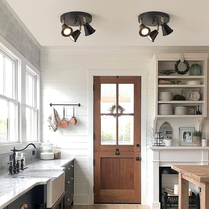 SEEBLEN 3-Light Industrial Directional Track Lighting, Adjustable Round Ceiling Spotlight, Morden Black Flush Mount Kitchen Light for Kitchen,Hallway,Dining Room,Porch,Office.Gu10 Bulbs Included