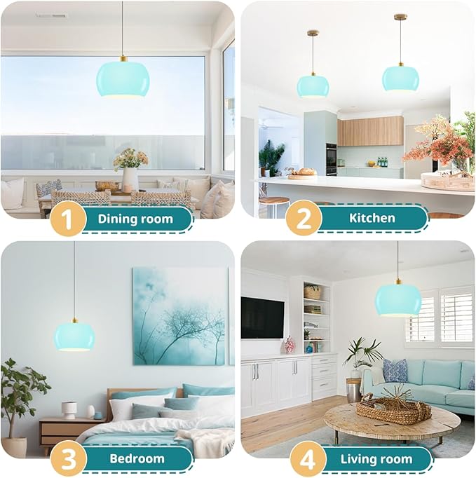 Pendant Light Mid Century Modern Pendant Lighting Blue Glass Hanging Lights Over Table Light Fixtures Adjustable Gold Hanging Lamps for Dining Room Kitchen Island, Easy to Install, 1-Light