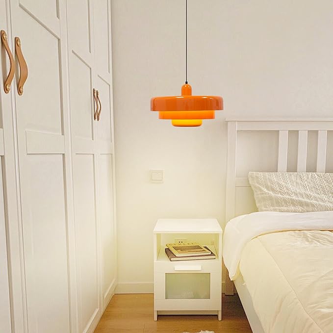 Plug in Pendant Light Mid Century Hanging Lamp with Plug in Cord Orange Pendant Lighting Fixtures Nordic Style Metal Shade On/Off Switch Hanging Light for Living Room Dining Bedroom Kitchen