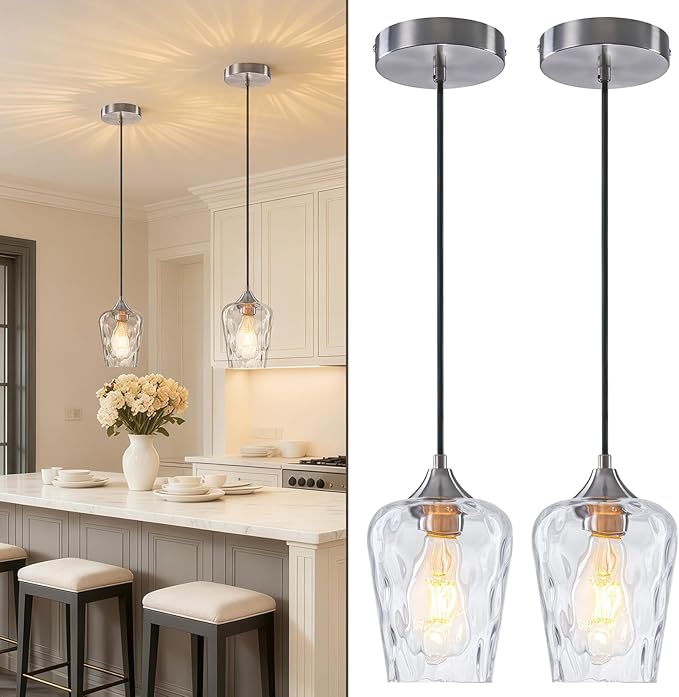 2 Pack Mini 5.1" Hammered Glass Pendant Light Fixtures, Small Modern Kitchen Pendant Lights with Hammered Glass Shades, Hanging Brushed Nickel Pendant Lights Kitchen Island Lighting for Sink