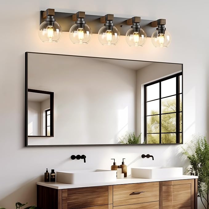 Farmhouse Bathroom Vanity Light Fixtures, 5-Light Wood Bathroom Light Fixtures Over Mirror, Rustic Vanity Lighting with Glass Shade for Living Room, Bedroom, Hallway