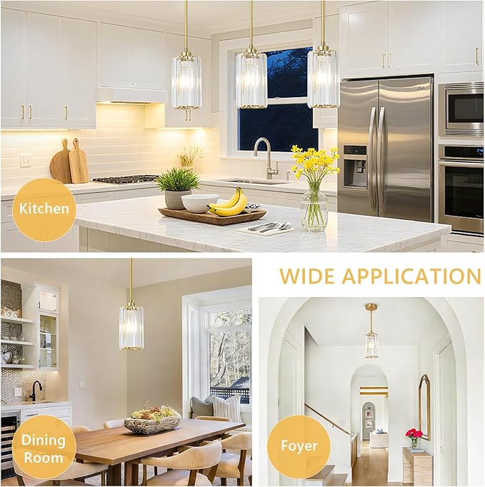 Crystal Pendant Lights, Modern Gold Pendant Lighting with Clear Glass Shade, Small Brass Chandelier Light Fixtures Ceiling Hanging for Dining Room Kitchen Island Bedroom Foyer Hallway