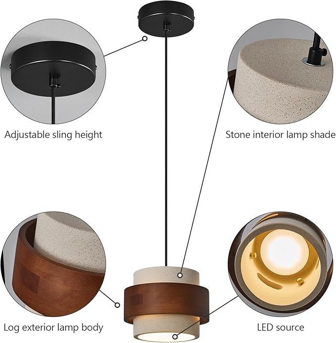 Modern Cement Pendant Light Fixture,Concrete Pendant Lights with Wood Accent,Vintage Farmhouse Chandelier for Kitchen Island Dining Room Living Room Bedroom Restaurant Cafe(White 3-Pack)