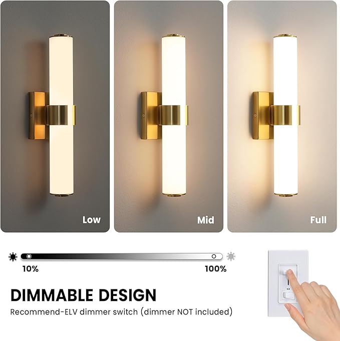 AIJIASI Gold Bathroom Light Fixtures - 16 Inch Modern Vanity Light 15W 5CCT Dimmable LED Bathroom Sconce with Acrylic Shade, Indoor Vanity Lighting Fixtures Over Mirror