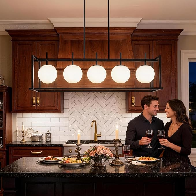 DSMJFU Black Farmhouse Rectangular Chandelier for Dining Room, 5-Light Linear Pendant Lighting, Rectangular Kitchen Island Light with Milky White Glass Ball Shades, Adjustable Height Hanging Lighting