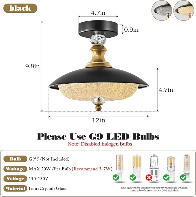 Vintage Semi Flush Mount Ceiling Light 12inch Mid Century Crystal Glass Black Gold Circle Ceiling Light Fixture,5-Light Design, for Bedroom Kitchen Dining Room Hallway Entryway Cloak Room