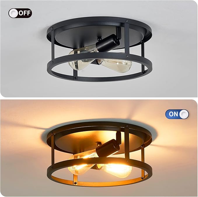 2 Pack Flush Mount Ceiling Light,13 Inch Industrial Farmhouse Ceiling Light Fixture,2-Light Matte Black Flush Mount Light Fixture for Kitchen Dining Room Entryway Hallway,E26 Base