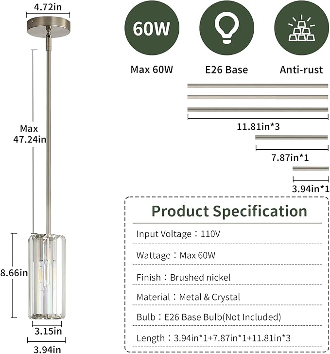 Modern Pendant Light Fixtures for Kitchen Island, 1-Light Brushed Nickel Luxury Crystal Chandelier Lights. Small Hanging Pendant Chandeliers Light Fixture for Dining Room, Foyer and Hallway 3-Pack E26