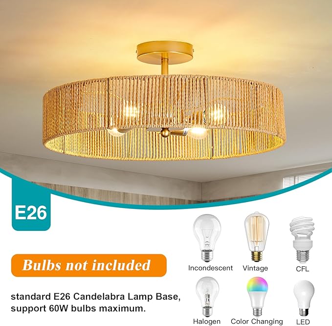 hesoge Boho Rattan Ceiling Light Fixture Vintage Gold Semi Flush Mount Ceiling Light 20 Inches Round 4 Light Chandelier for Farmhouse Hallway Bedroon Living Room Dining Room Kitchen Island