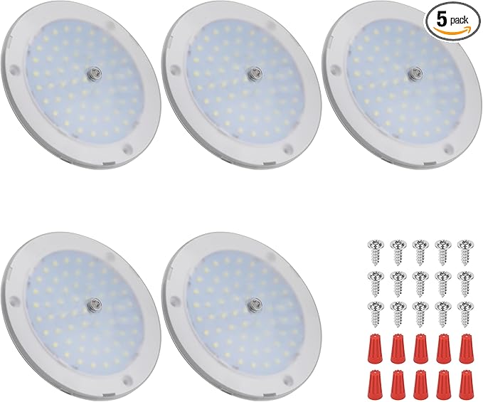 RVZONE RV Lights Interior, 5 Inch Cool White RV LED Ceiling Puck Light Dimmable 12V Camper Puck Lights 6000-6500k Transparent Frosted 4.5W LED Ceiling Dome Light for Camper Van Trailer Boat, 5-Pack