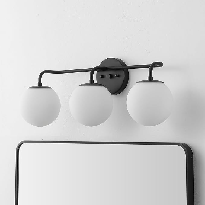 JONATHAN Y 25" Black Modern Globe Wall Sconce Vanity Light for Bathroom, White Frosted Glass Shade, Midcentury Parisian Bistro Wall Lamp, LED Bulb Included (JYL3536B)